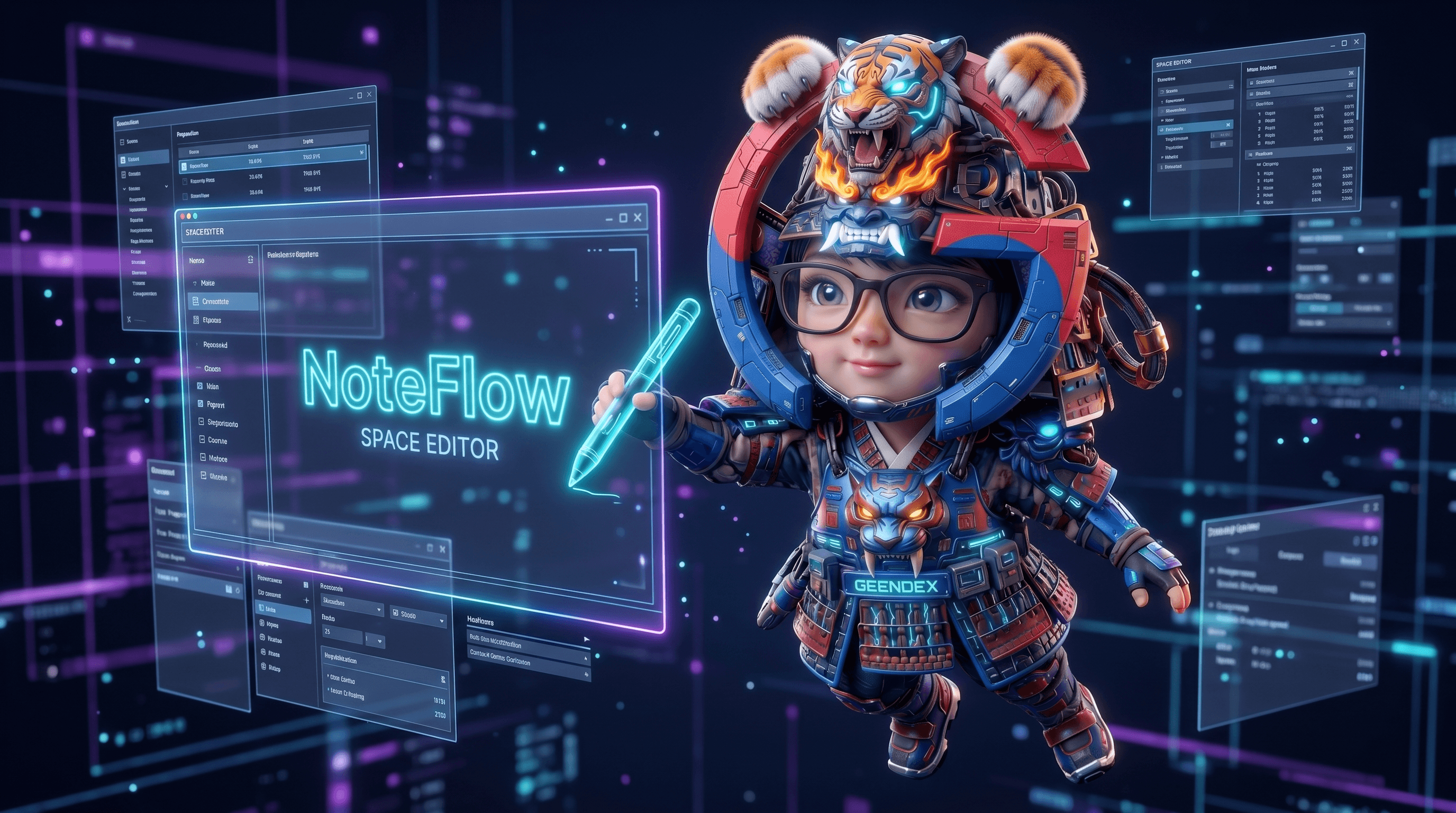 NoteFlow 에디터 UI를 들고 있는 GEENDEX 마스코트