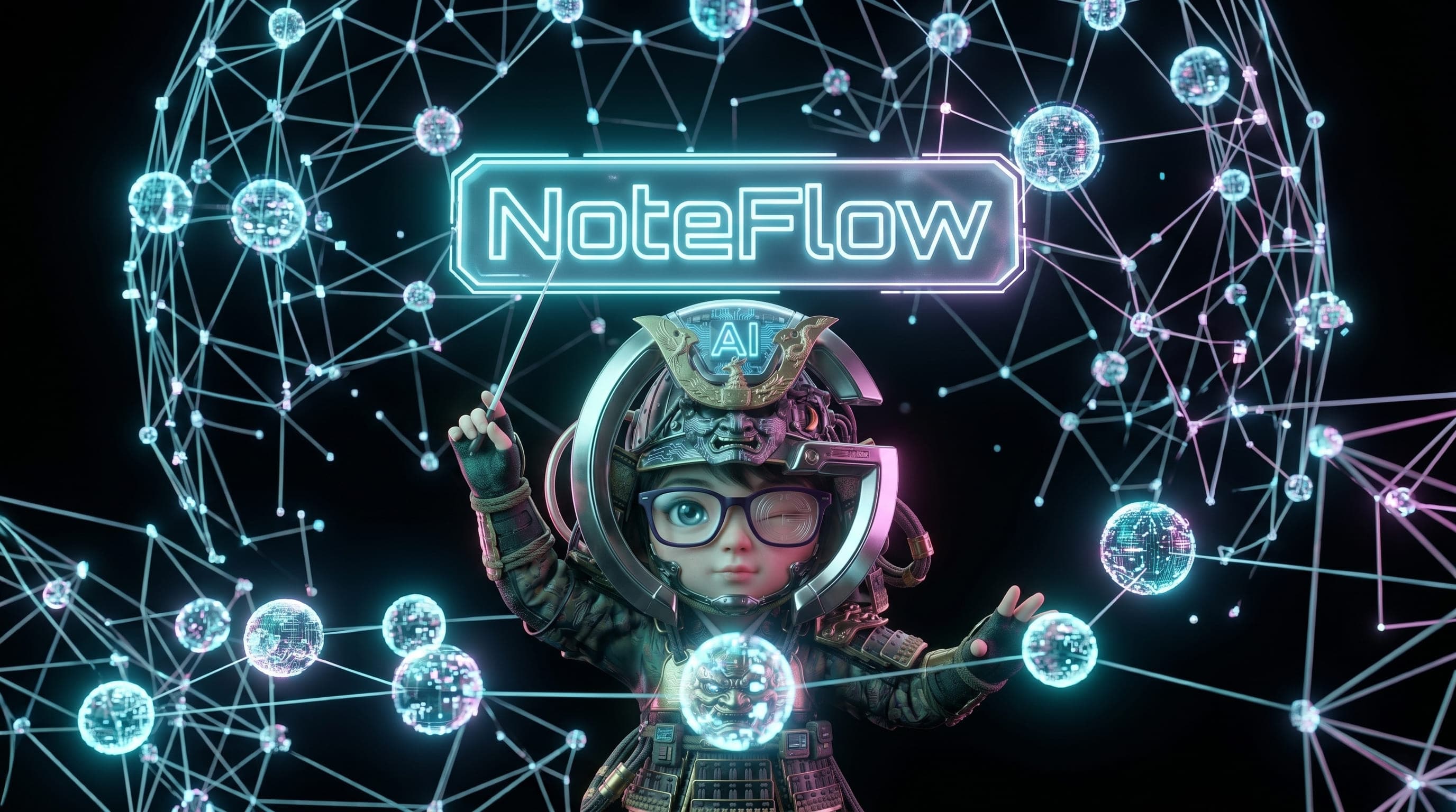 3D 지식 그래프 위에 떠 있는 NoteFlow 마스코트