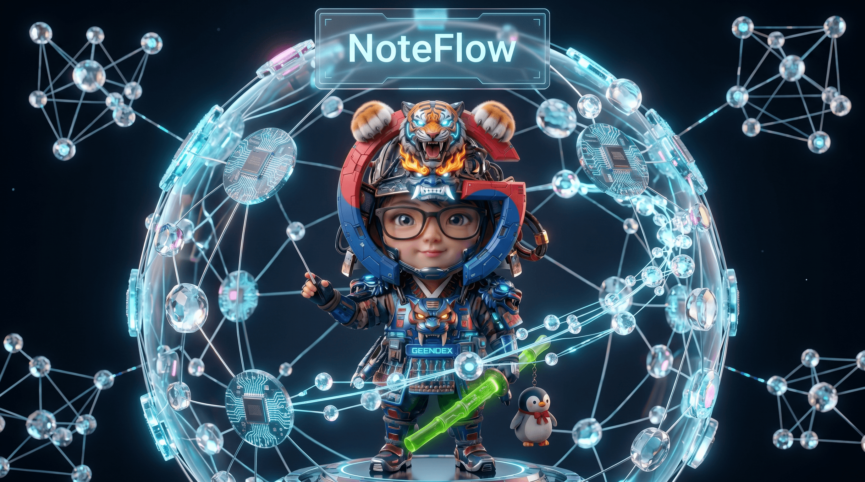 3D 지식 그래프 위에 떠 있는 NoteFlow 마스코트
